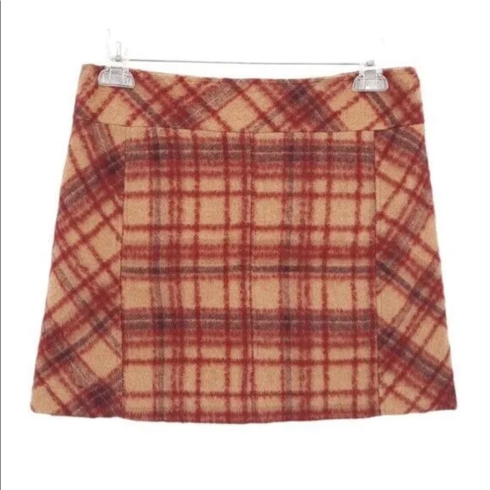 Free People Size 8 Camel Combo Tan Red Plaid Wool Blend Mini Skirt Lined - Picture 3 of 11